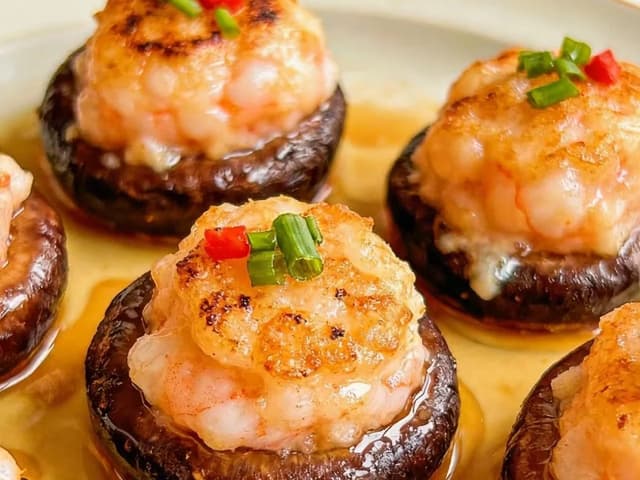 Shrimp stuffed mushrooms topped with green onions.